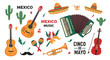 © Bulbul - Collection of colorful Mexican cultural icons and instruments like guitars sombreros and maracas for celebrating Cinco de Mayo and music.