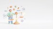 © DesignSells - 3D person balancing golden scales with floating icons on white background