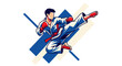© Bogdan - Dynamic cartoon illustration of a Karate athlete kicking against a blue geometric background, red gloves and belt emphasizing the energy, use for sport and martial arts designs.