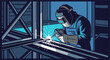 © no one - Illustration depicts a welder at work in a blue-toned industrial setting, welding metal beams, using protective gear, and creating bright sparks for construction projects.