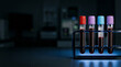 © LiudmilaM - Blood collection tubes in laboratory setting with dark background