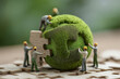 © Khurshida art house - Green business corporate put jigsaw together for sustainable environment development goal. Group of volunteers help solve environmental problem together to net zero. World environment day, ESG concept