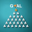 © ART BY SAUDA - Orange paper plane leading a group of white paper planes towards a goal on blue background