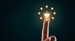 © HOSSAIN - A hand with the index finger pointing upwards, surrounded by a glowing crown and stars, symbolizing excellence and achievement in a dark environment, viewed from a straight-on perspective.