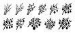 © Happy Carrot - Black silhouette collection of Easter tree branches with hanging eggs, pussy willow twigs, and leaves in a minimalist graphic style, isolated on a white background