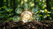 © Kaluya Stock - Glowing glass globe with gear sits on soil in a forest, surrounded by digital icons for green energy, brain, global network, bulb, and CO2 reduction, symbolizing sustainable and smart technology
