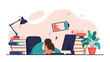 © James - Tired office worker sleeping on her keyboard surrounded by stacks of books and a low battery symbol overhead.