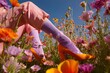 © farah - The unique fashion editorial features legs wearing thin pastel purple socks and orange high heels, with wildflowers emerging from the socks. Styled with pink striped pants, a surreal spring scene