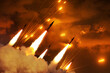© alones - Dramatic night scene of a massive ballistic missile strike. Multiple rockets ascending through thick smoke and fire into a glowing orange sky. Concept of Middle East conflict, war, and escalation.