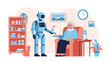 © The - Robot helper bringing medicine to elderly woman sitting in armchair at home, showing future technology for senior healthcare.