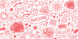 © GraphixEra - Hand drawn red doodle collection with hearts stars arrows and cute text elements on white background vector illustration