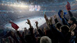 © Lustre Art Group  - Ice hockey fans celebrating in modern indoor arena with rink and scoreboard view. Concept of winter sports championship atmosphere and high energy live event experience.