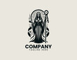 © Dawi Firdaus - Stylized skeletal female figure with robe holding rifle and staff is presented as bold monochrome vector logo on clean white background for edgy gaming and apparel branding