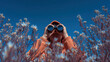 © Mrammon - Person with binocular orange hoodie blue sky wildflower field nature exploration outdoor adventure hidden observer spring meadow curiosity travel concept Person with binocular orange hoodie clear