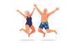 © Creative Craftr - Active elderly man and woman in swimwear jumping joyfully with their arms raised high against a plain white background during their vacation.