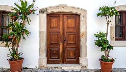  Weathered wood door in stone frame. White wall. Plants in pots either side. Windows above
