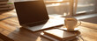 © rafaelnlins - Notebook sobre mesa com café e caderno representando ambiente de trabalho, produtividade, rotina profissional e conceito de home office