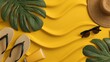 © Sutasinee - Top view of wavy sand, palm tree-tropical leaf, sunglasses, sunscreen, a pair of flip-flops, and a beach hat, summer vibe, Vacation summer holiday travel banner.