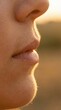 © Yauhen - Close up profile woman nose lips skin texture. Warm golden sunlight highlights natural pores fine hair. Ideal dermatological skincare sensitive beauty campaigns.