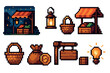 © Khmel - Collection of pixel art market icons featuring a stall with vegetables, a glowing lantern, a wicker basket, money bag, and a signpost for a retro video game or fantasy RPG