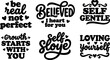 © DesignVectX - Hand lettering retro script typographic badges six phrases self love empowerment hearts bold close up vector art black isolated set
