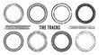 © BROZEEX - Grunge Circle Tire Tracks Vector Set with Wheel Braking Marks, Truck, Car and Motorcycle Tread Pattern Silhouettes for Auto Race, Motorsport and Speed Racing Design