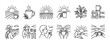 © Vladislav - Collection of minimalist coffee themed line icons featuring rural farm landscapes, sunrise scenes, farmers, and hot beverage mugs in a simple black and white outline style isolated on white