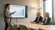© nitinshankhwar - A business professional presents a “Market Growth Trajectory” chart showing upward performance trends to two senior executives seated at a conference table.