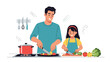 © SMSharif - Happy father and daughter spend quality time together while chopping vegetables and cooking a healthy meal in the kitchen.