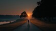 © Ckip - Man walking on a straight path at sunset, mindful wellness journey in peaceful nature, silhouette on trail near lake and trees.