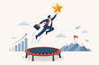 © Swarnadwip - Businessman Jumping on Trampoline to Reach Golden Star, Concept of Business Success, Achievement, and Growth, Ambitious Professional Reaching High Goals, Motivation and Career Advancement.