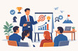 © MostJannatunNesa - Business coaching and mentorship concept with a professional leader giving a presentation to employees to improve skills, motivate team, and achieve goals through strategic guidance and advice.