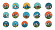 © KazeDor - Ensemble d'icônes plates représentant des paysages de montagnes stylisés dans des cercles.