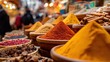 © The Little Hut - Vibrant display of aromatic spices at a bustling market stall, showcasing culinary delights and global flavors