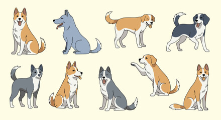  Large collection of different dog breeds in various poses like sitting, standing, and playing on a neutral light yellow background surface.