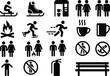 © Hey Tahera - Black and white of winter activities, people, and safety symbols including sledding, skating, running, and fire safety
