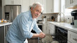 © VectorVille - Elderly man smiling while loading dishwasher in bright kitchen