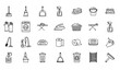 © Mstshneha - A set of black and white line art icons depicting various cleaning tools and household items