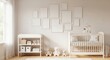 © Chainarong - Bright studio interior with blank frames on pegboard, paint-splattered table, and adjustable canvas sizes, viewed from a natural north light perspective
