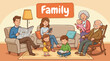 © rama coloring studio - Family Gathering Cartoon Illustration Living Room Scene.