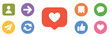 © Dalim 4 - Like, love, heart, thumb up, repost, comment, share, save, and stories user button icons, designed as a vector set of social media reactions, notifications, and interactive interface elements.