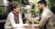 © peopleimages.com - Love, laugh or couple in restaurant with wine, connection or bonding together on anniversary. Happy, partner or people in bistro with drink, honeymoon or romantic date in healthy relationship.