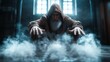 © Larisa AI - A wise, bearded man in a hood reaches into misty depths, symbolizing the search for knowledge and the mystery of ancient wisdom captured in a shadowy setting.