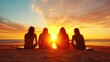 © Larisa AI - Four friends silhouetted against a stunning sunset on the beach, embracing the beauty of friendship and the peaceful moments shared in nature's backdrop.