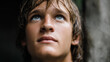© Denis Yevtekhov - Biblical character emotional close-up portrait, young person with wet hair looking up, ancient religious figure, scriptural personality display, historical faith representation, defocused