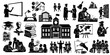 © Vladislav - Set of education and school silhouettes, academic icons including students, teachers, graduation, science, library, and learning equipment isolated