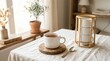 © Kimberly - Cozy morning tea ritual: warm cup on linen tablecloth, natural light, rustic decor