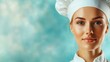 © Larisa AI - Confident female chef in a classic white uniform and hat, exuding professionalism and dedication while presenting a friendly and approachable demeanor in a culinary environment.