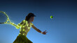 © Lustre Art Group  - Futuristic female tennis player in dynamic action pose with glowing neon network lines illuminating her body, visualizing precision, speed and sports technology