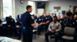 © Dmytriy - Blurred photo of a police chief giving a briefing to a group of officers in a room